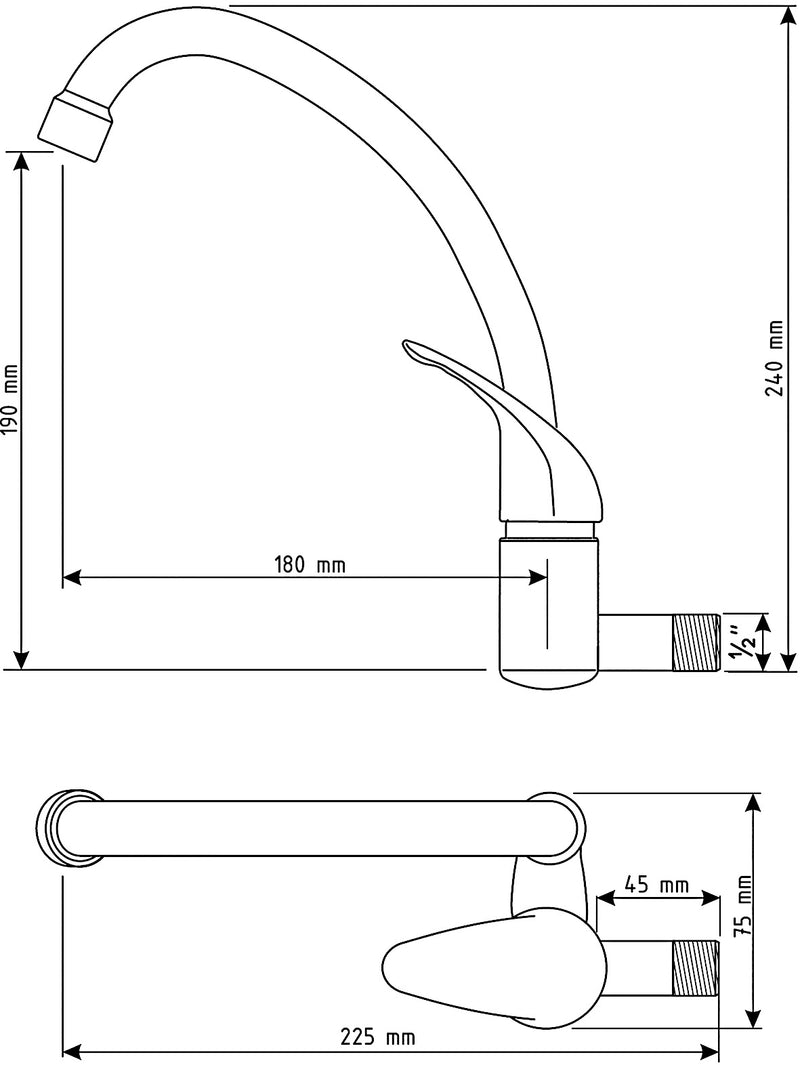 Cold water wall faucet, stick handle - long rotating spout