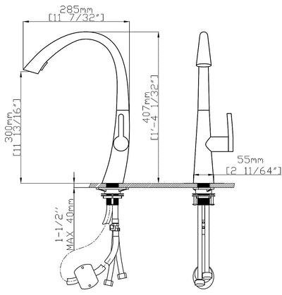Pull-out flower mixer tap for a luxurious kitchen, Conex model, black