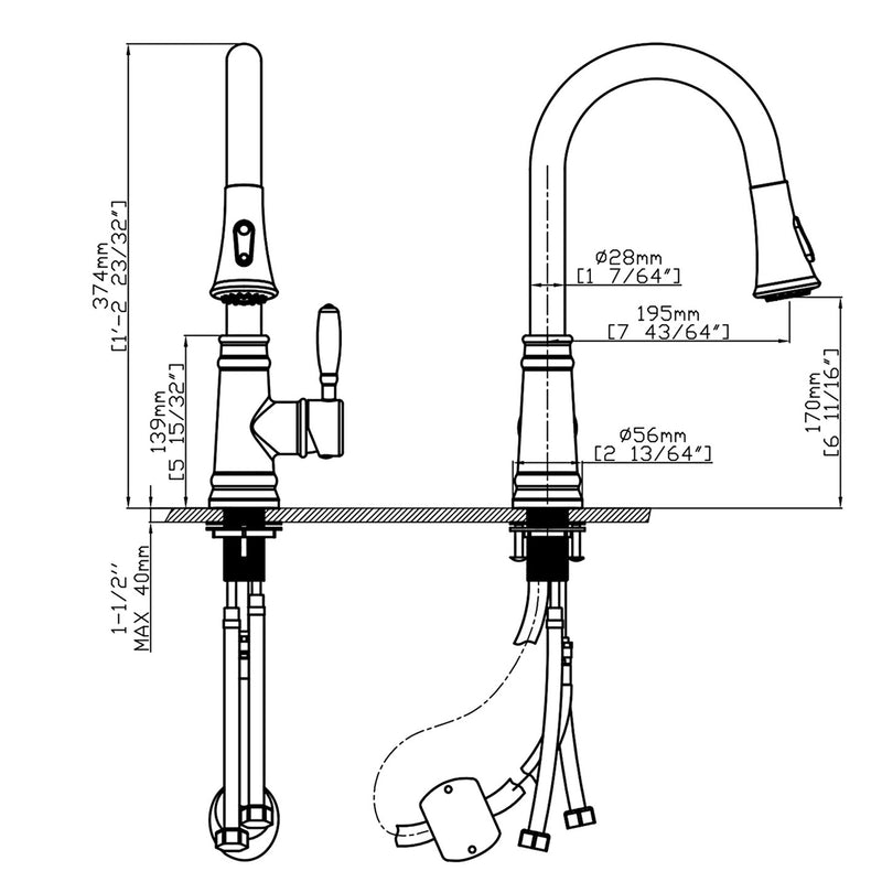 Pull-out kitchen mixer tap, Antico model, black
