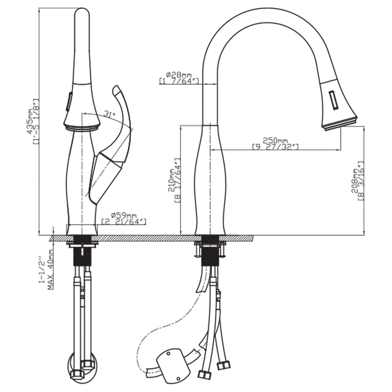Pull-out flower mixer tap for the kitchen, Satin Wave model