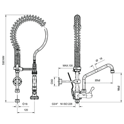 Industrial wall-mounted faucet with sprayer and pre-rinse bottom faucet, mini model