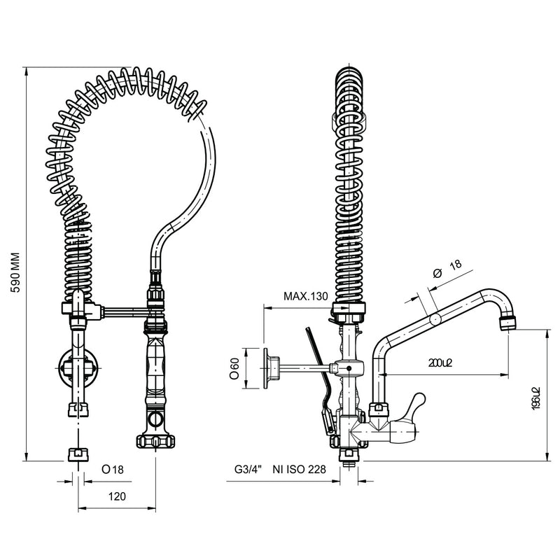Industrial wall-mounted faucet with sprayer and pre-rinse bottom faucet, mini model