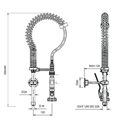 Industrial flower mixer tap for the kitchen, including a pre-rinse sprayer, mini model