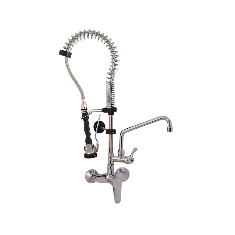 Industrial wall-mounted faucet with sprayer and pre-rinse bottom faucet, mini model