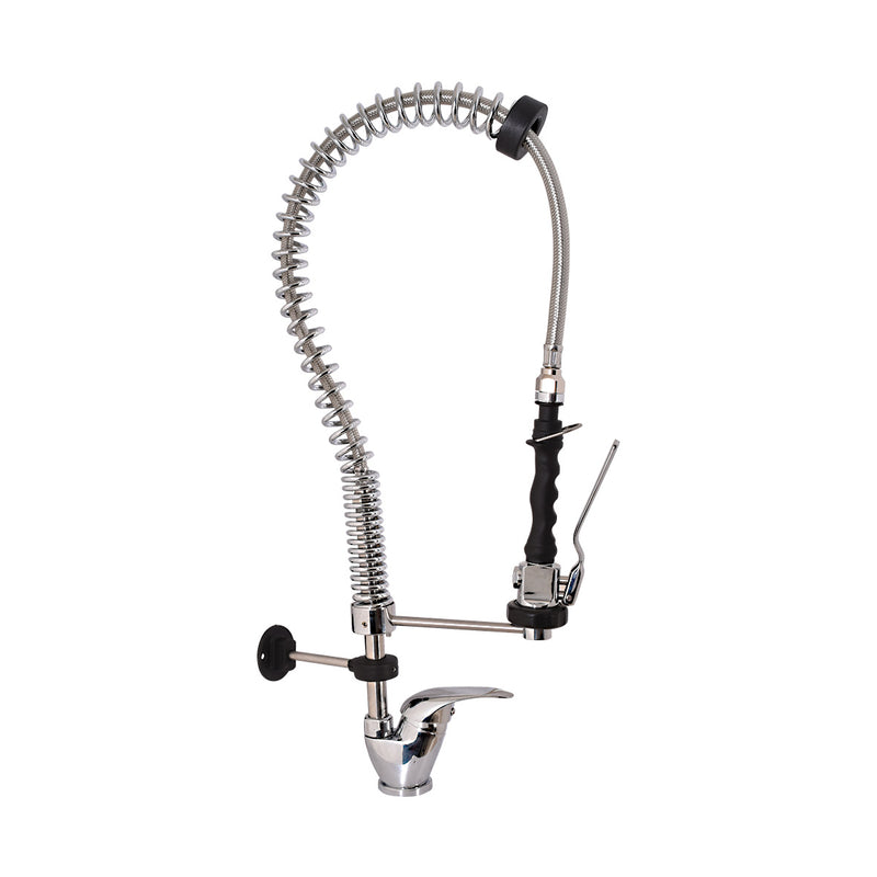 Industrial flower mixer tap for the kitchen, including a pre-rinse sprayer, mini model