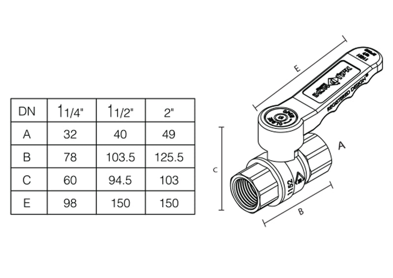 11/2" ball valve, internal, ergonomic handle